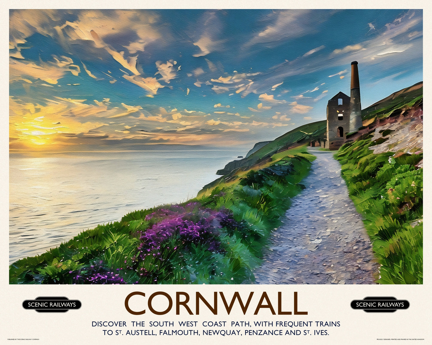 Vintage travel poster- Cornwall, The South West Coast Path - Scenic Railways