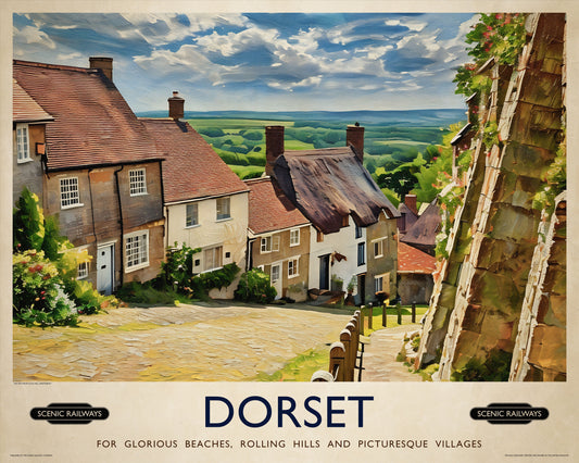 Vintage travel poster- Dorset, Gold Hill - Scenic Railways