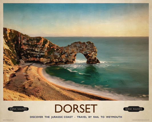 Vintage travel poster- Durdle Door, Dorset - Scenic Railways