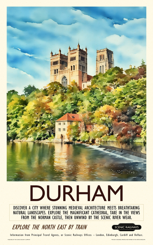 Vintage travel poster- Durham - The Cathedral and River Wear - Scenic Railways