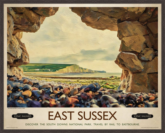 East Sussex, The Seven Sisters vintage railway travel print – framed British landscape wall art