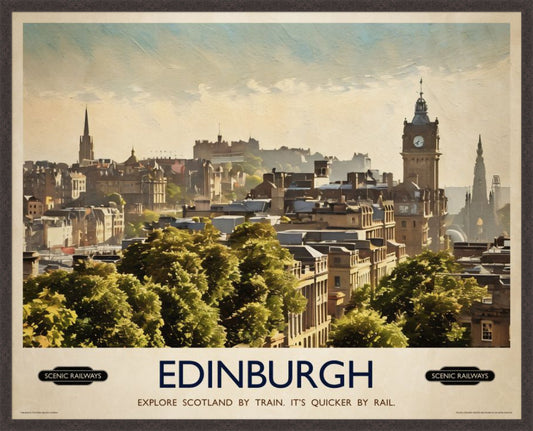 Edinburgh, The City From Calton Hill vintage railway travel print – framed British landscape wall art