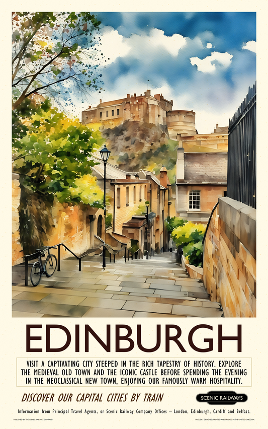 Vintage travel poster- Edinburgh - The Castle From The Vennel Steps - Scenic Railways