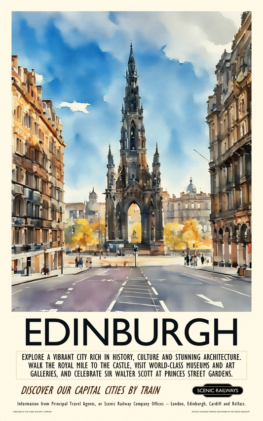 Vintage travel poster- Edinburgh - The Scott Memorial - Scenic Railways