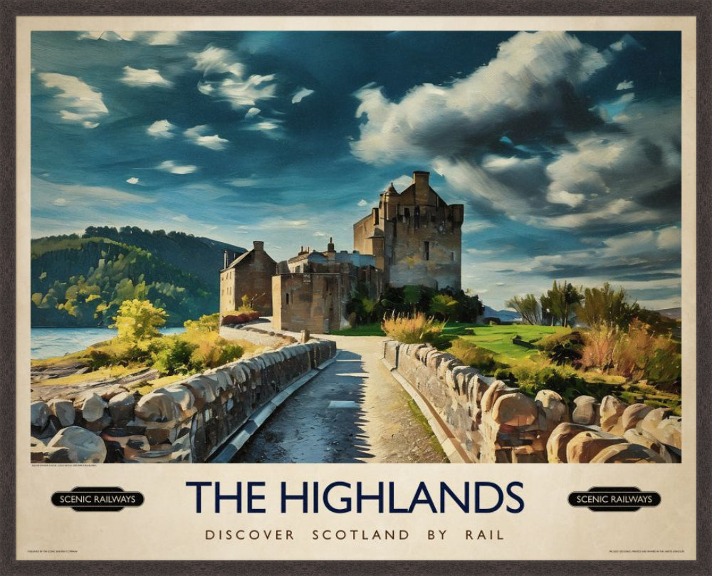 The Highlands (Eilean Donan), Scotland vintage railway travel print – framed British landscape wall art