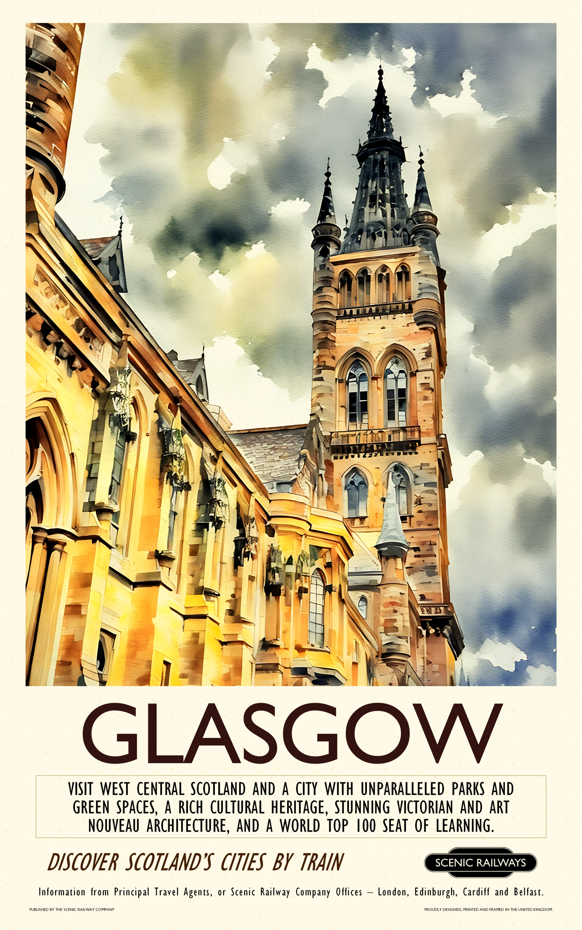 Vintage travel poster- Glasgow - The University Bell Tower - Scenic Railways