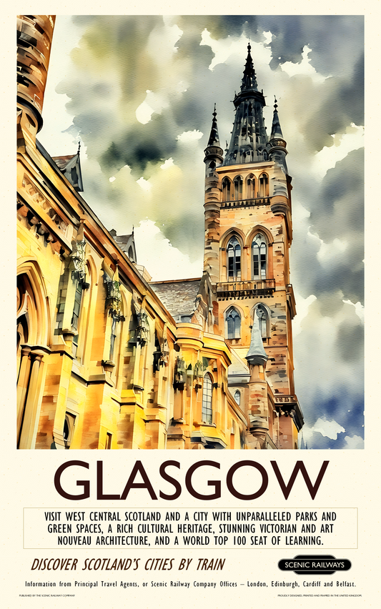 Vintage travel poster- Glasgow - The University Bell Tower - Scenic Railways