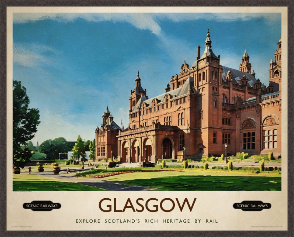 Glasgow, Kelvingrove Art Gallery and Museum vintage railway travel print – framed British landscape wall art