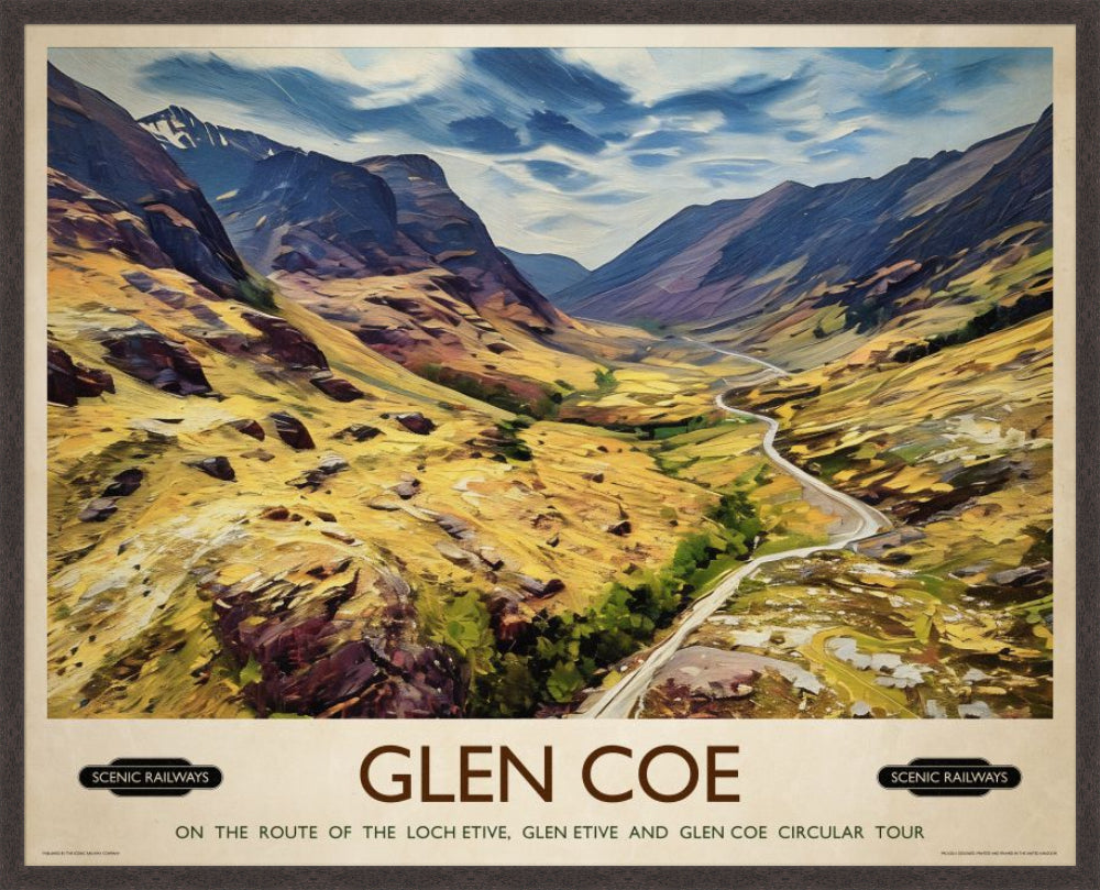 Glen Coe, Scottish Highlands vintage railway travel print – framed British landscape wall art