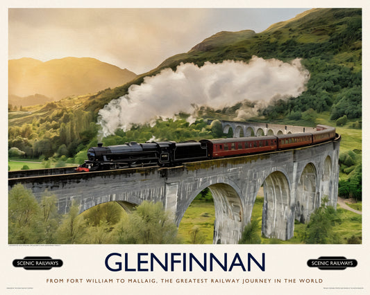 Vintage travel poster- Glenfinnan, Scottish Highlands - Scenic Railways