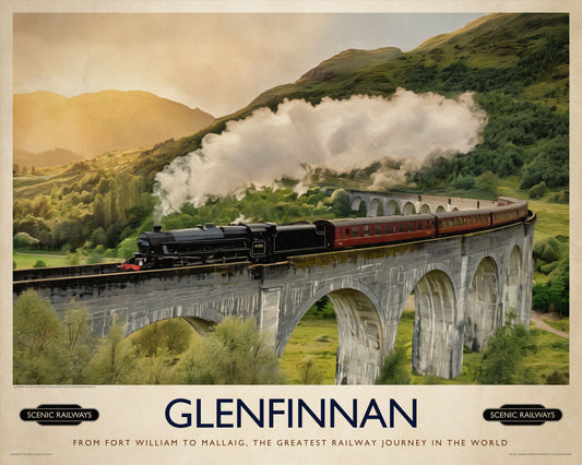 Vintage travel poster- Glenfinnan, Scottish Highlands - Scenic Railways