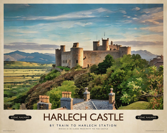 Vintage travel poster- Harlech Castle, Gwynedd - Scenic Railways