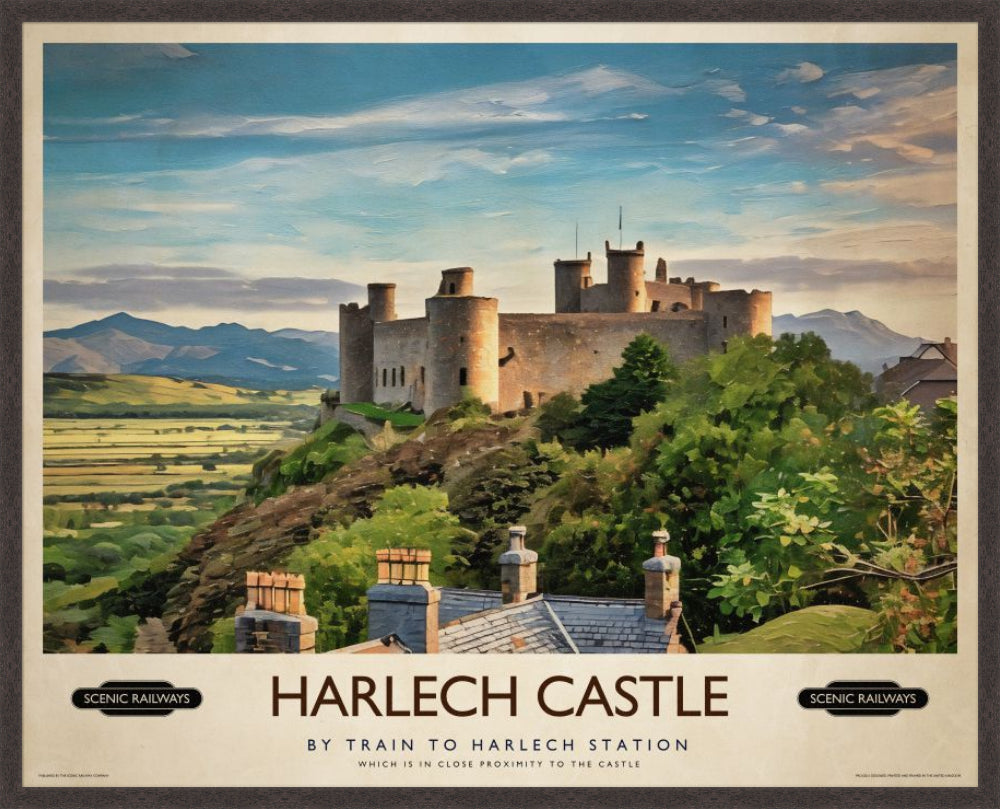 Harlech Castle, Gwynedd vintage railway travel print – framed British landscape wall art