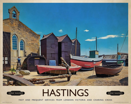 Vintage travel poster- Hastings, East Sussex - Scenic Railways