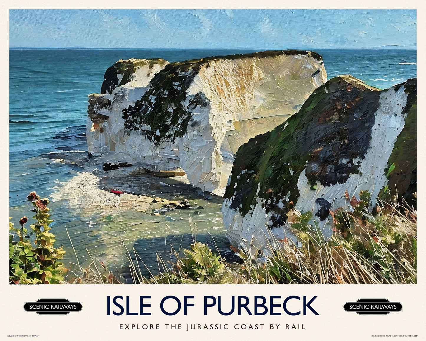Vintage travel poster- Isle of Purbeck, Old Harry Rocks - Scenic Railways