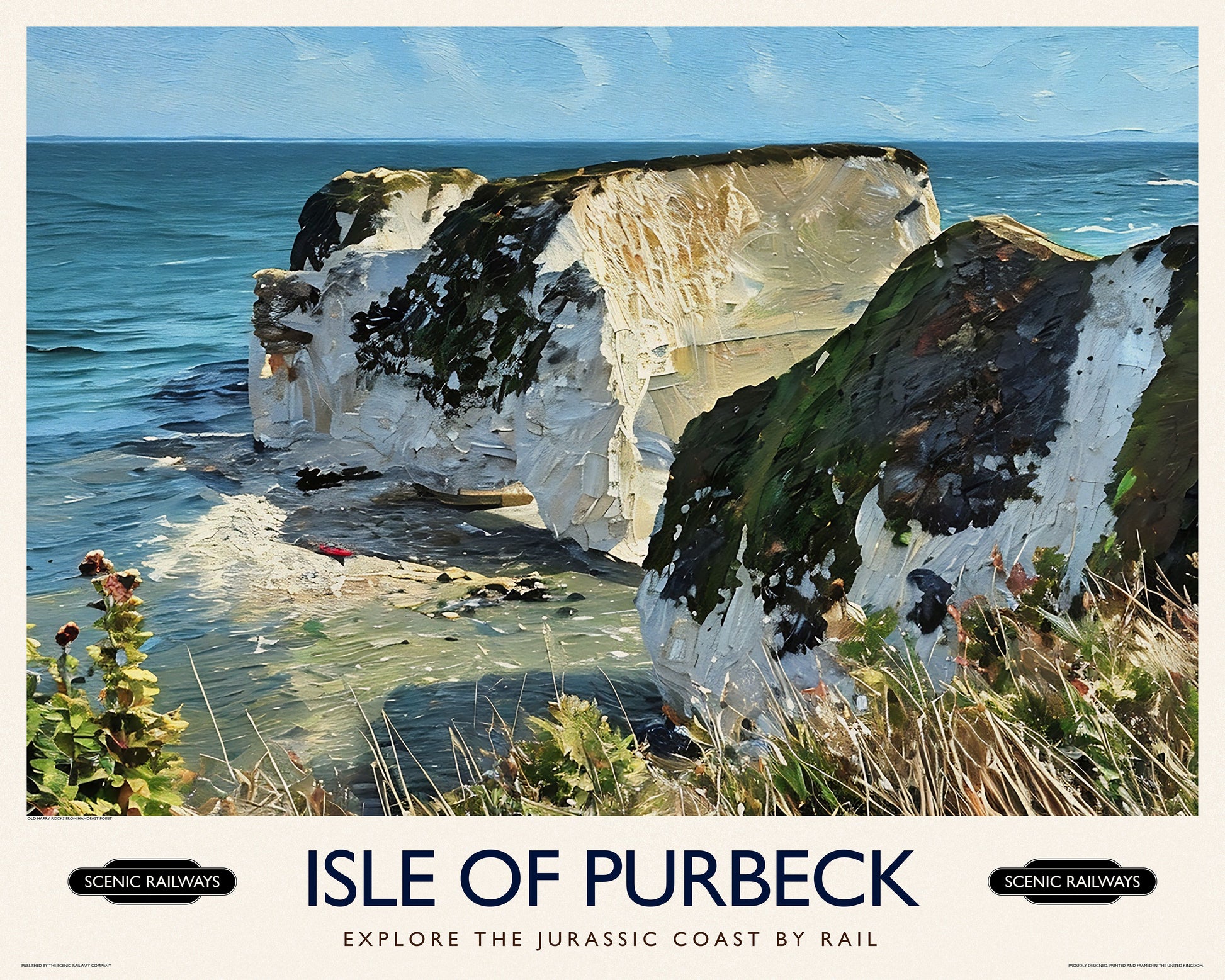 Vintage travel poster- Isle of Purbeck, Old Harry Rocks - Scenic Railways