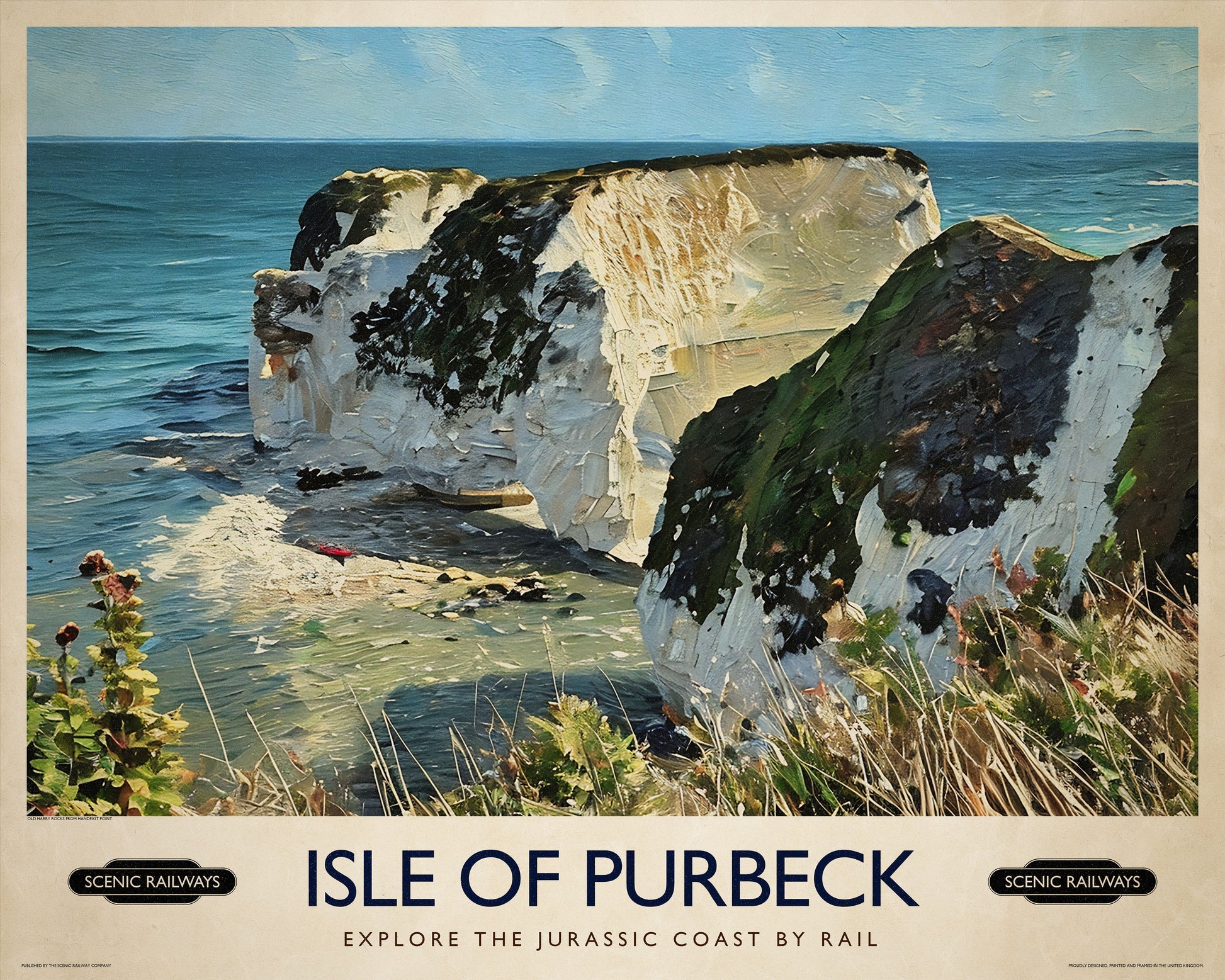 Vintage travel poster- Isle of Purbeck, Old Harry Rocks - Scenic Railways