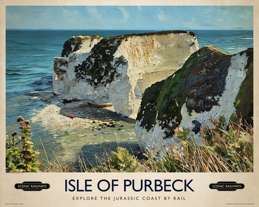 Vintage travel poster- Isle of Purbeck, Old Harry Rocks - Scenic Railways