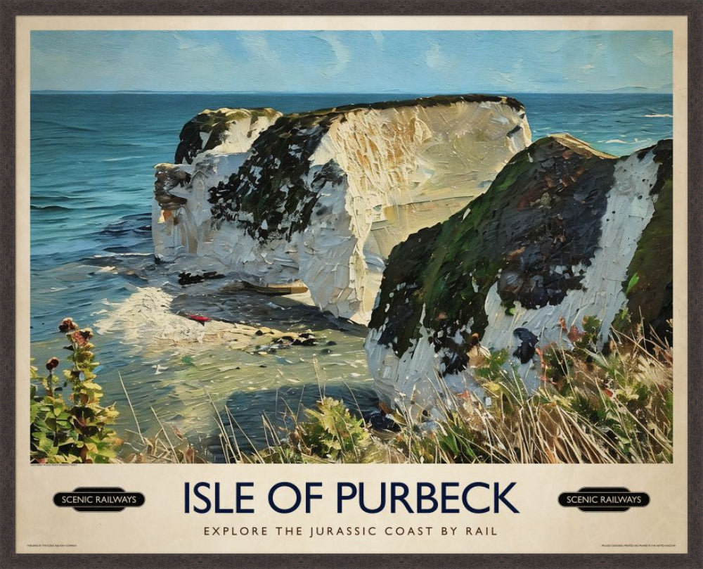 Isle of Purbeck, Old Harry Rocks vintage railway travel print – framed British landscape wall art