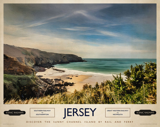 Vintage travel poster- Jersey, Plemont Bay - Scenic Railways