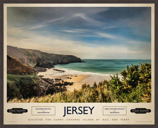 Jersey, Plemont Bay vintage railway travel print – framed British landscape wall art