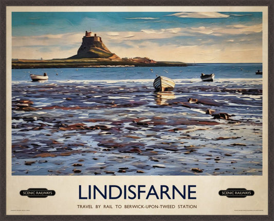 Lindisfarne, Northumberland vintage railway travel print – framed British landscape wall art