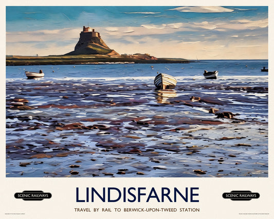 Vintage travel poster- Lindisfarne, Northumberland - Scenic Railways