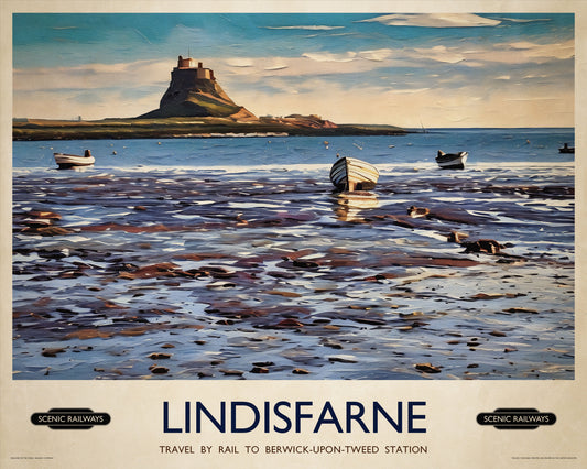 Vintage travel poster- Lindisfarne, Northumberland - Scenic Railways