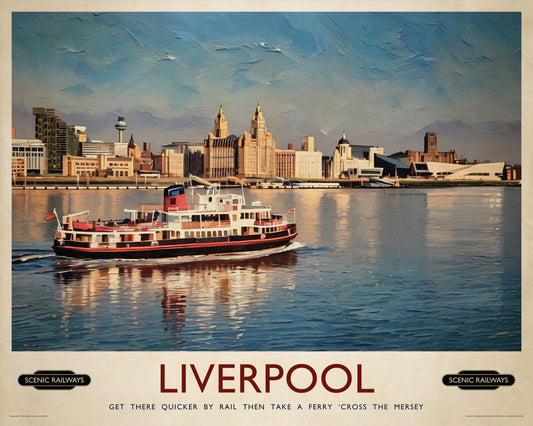 Vintage travel poster- Liverpool, The Mersey Ferry - Scenic Railways