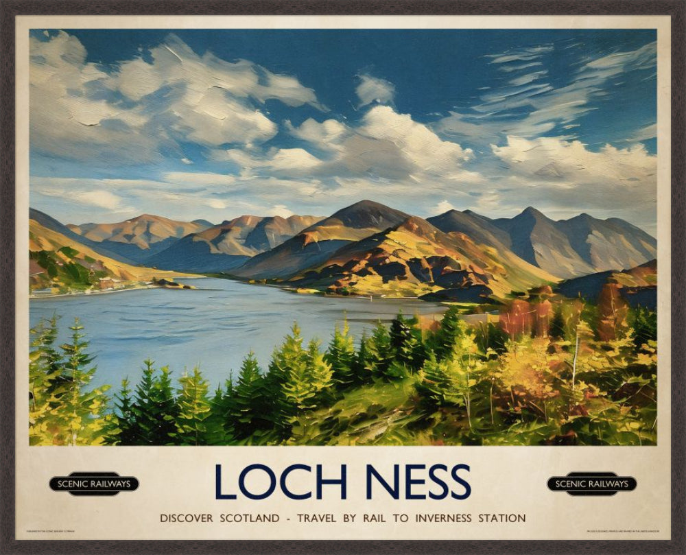 Loch Ness, Scottish Highlands vintage railway travel print – framed British landscape wall art