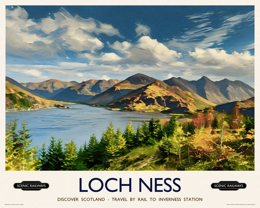 Vintage travel poster- Loch Ness, Scottish Highlands - Scenic Railways