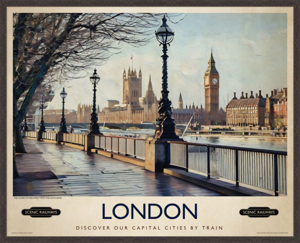 London, The Houses of Parliament from the South Bank vintage railway travel print – framed British landscape wall art