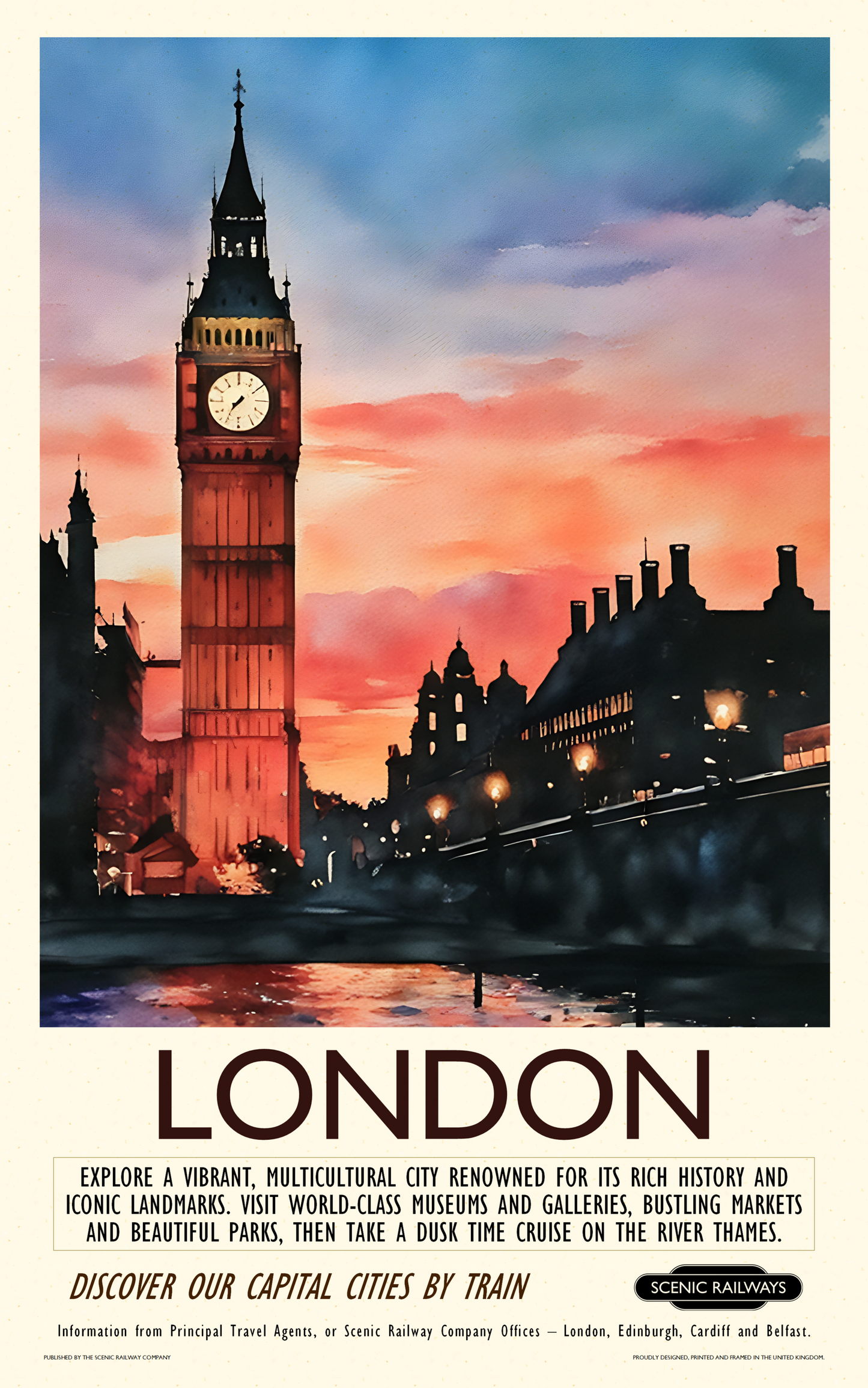 Vintage travel poster- London - Dusk at the Houses of Parliament - Scenic Railways