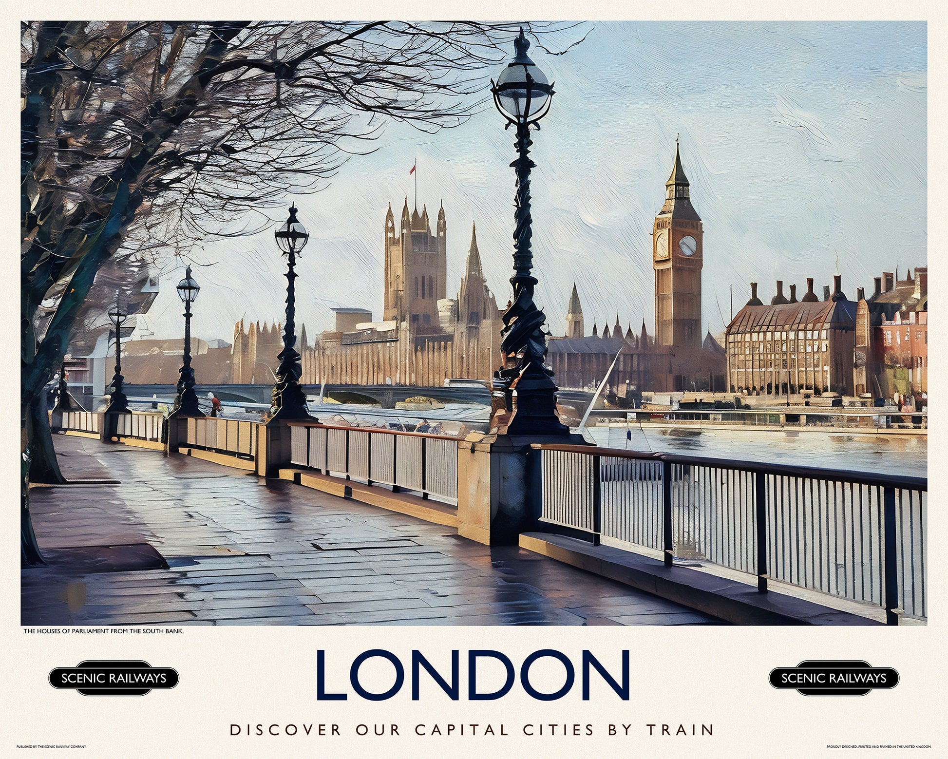 Vintage travel poster- London, The Houses of Parliament from the South Bank - Scenic Railways