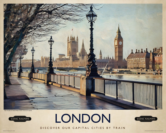 Vintage travel poster- London, The Houses of Parliament from the South Bank - Scenic Railways