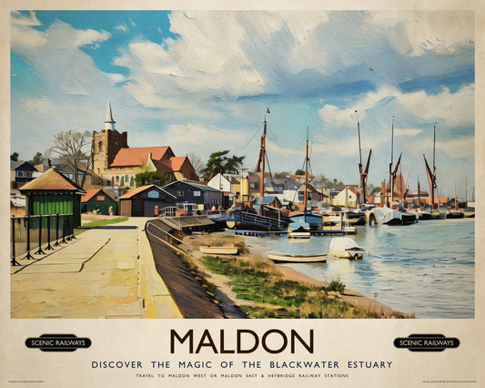 Vintage travel poster- Maldon, Essex - Scenic Railways