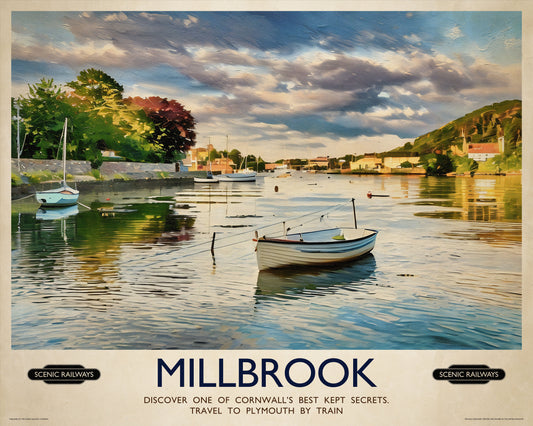 Vintage travel poster- Millbrook, Cornwall - Scenic Railways