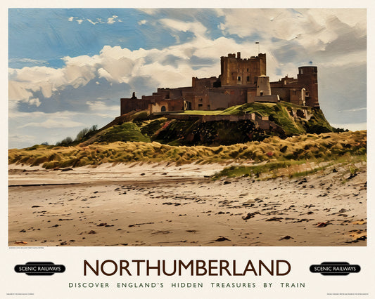 Vintage travel poster- Northumberland, Bamburgh Castle - Scenic Railways