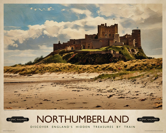 Vintage travel poster- Northumberland, Bamburgh Castle - Scenic Railways