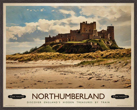 Northumberland, Bamburgh Castle vintage railway travel print – framed British landscape wall art