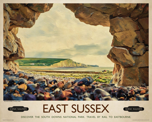 Vintage travel poster- East Sussex, The Seven Sisters - Scenic Railways