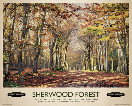 Vintage travel poster- Sherwood Forest - Scenic Railways