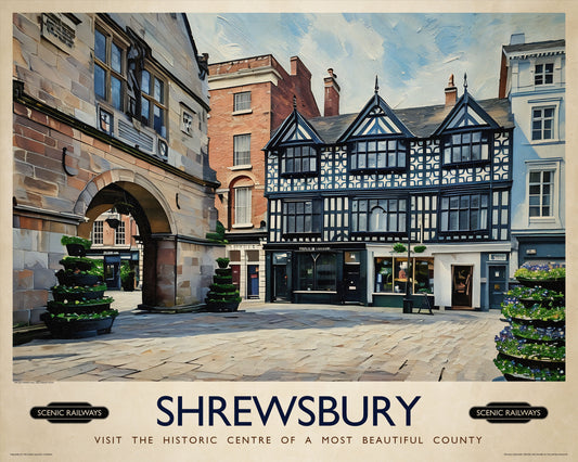 Vintage travel poster- Shrewsbury, Shropshire - Scenic Railways