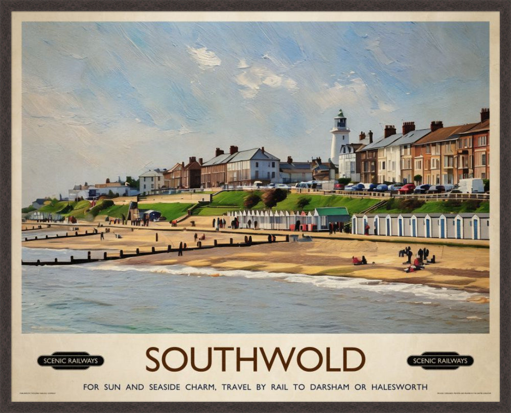 Southwold, East Suffolk vintage railway travel print – framed British landscape wall art