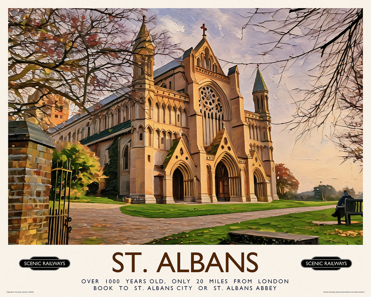 Vintage travel poster- St. Albans, The Cathedral - Scenic Railways