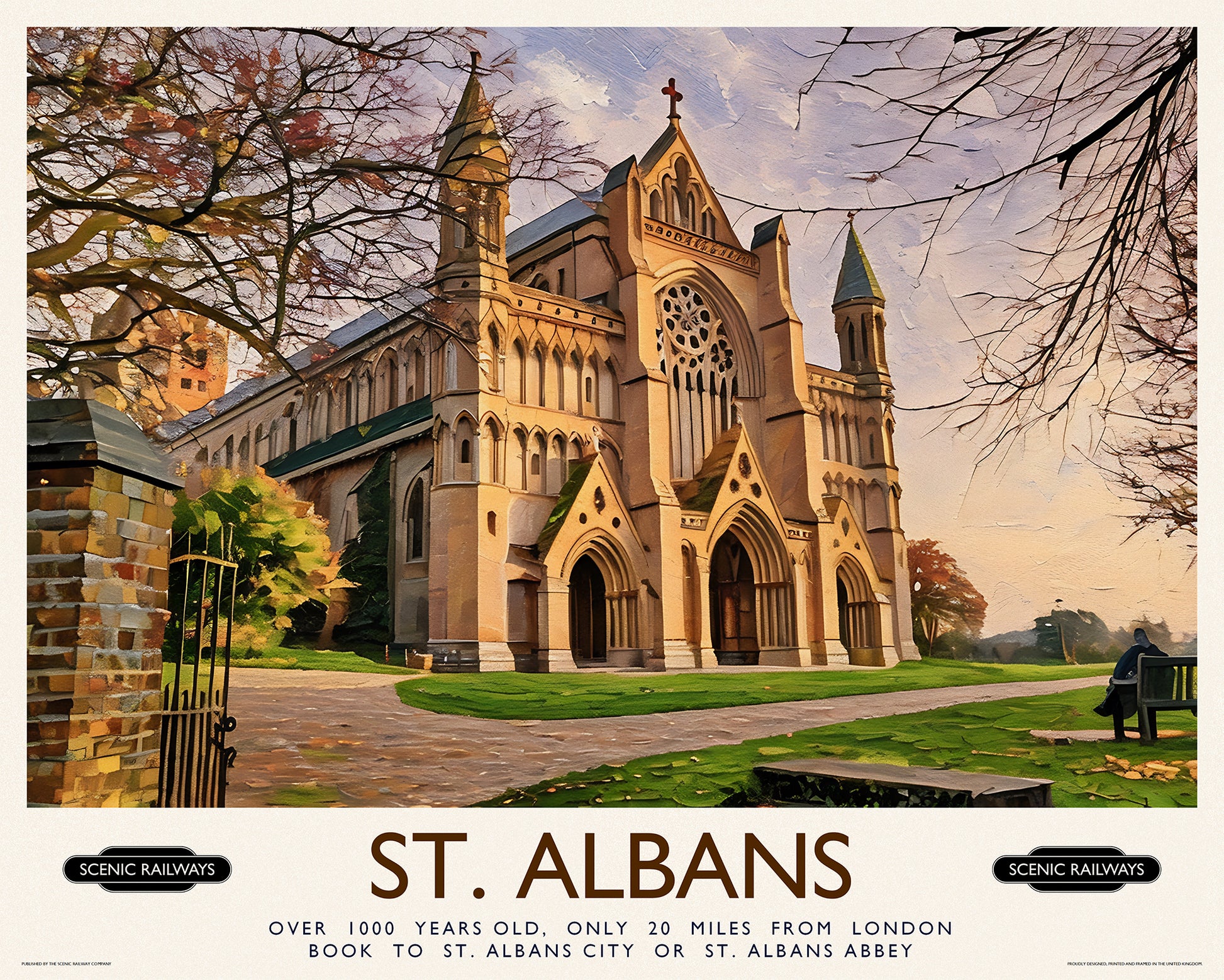 Vintage travel poster- St. Albans, The Cathedral - Scenic Railways