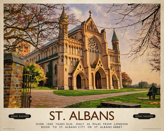 Vintage travel poster- St. Albans, The Cathedral - Scenic Railways