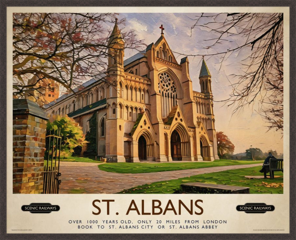 St. Albans, The Cathedral vintage railway travel print – framed British landscape wall art