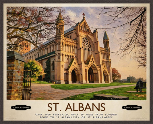 St. Albans, The Cathedral vintage railway travel print – framed British landscape wall art