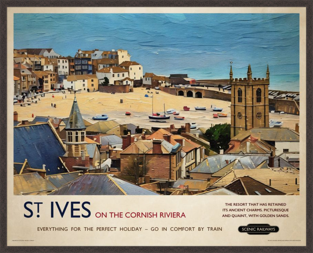 St. Ives, Cornwall vintage railway travel print – framed British landscape wall art